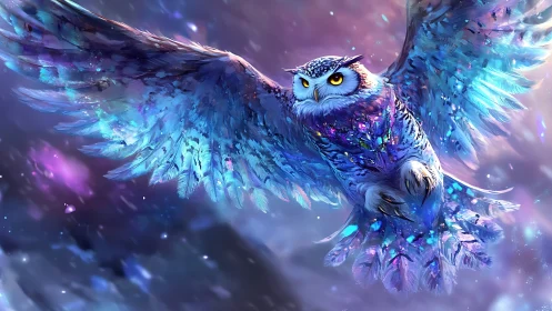 Majestic blue owl in flight, fantasy digital art with vibrant colors.
