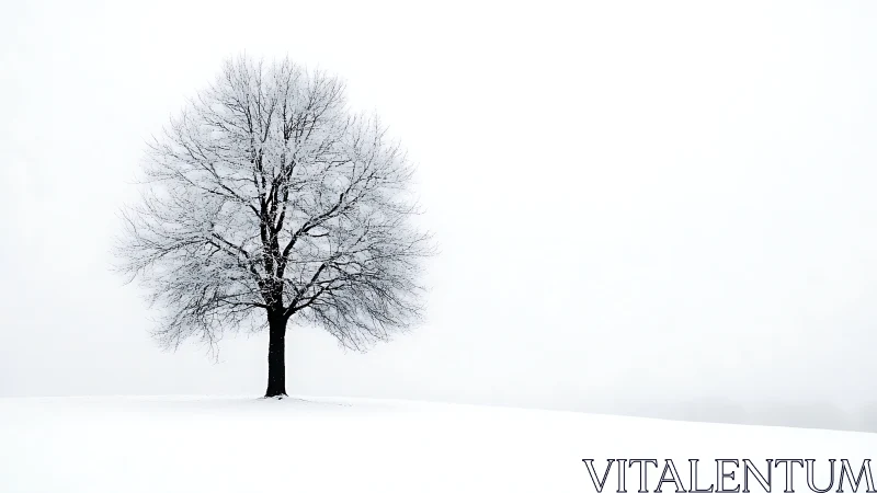 Solitary winter tree on minimal snowfield horizon line.