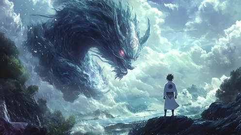 Storm dragon coils above lone mage on a wind-torn cliff