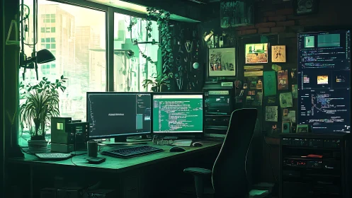 Multi-monitor coding workstation in dense urban office.