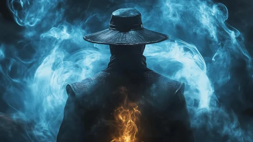 Mystic warrior silhouette in blue smoke with inner fire.