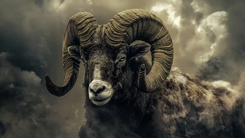 Powerful ram portrait against dark storm clouds.