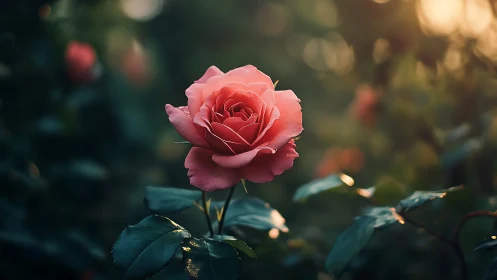 Coral rose bloom centered with bokeh garden background in warm golden light