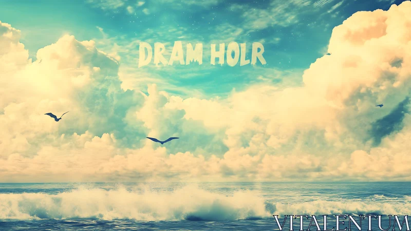 Ocean horizon with clouds, birds, and text in sky plane.