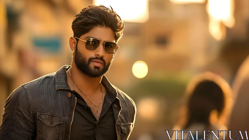 Man in sunglasses on sunlit urban street at golden hour.
