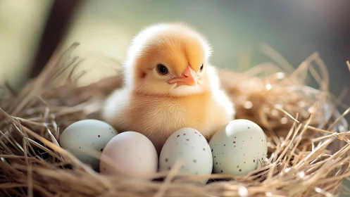 Newly hatched chick in straw nest with pastel speckled eggs