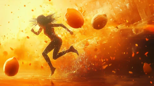 Silhouette runner bursts through citrus explosion in orange haze