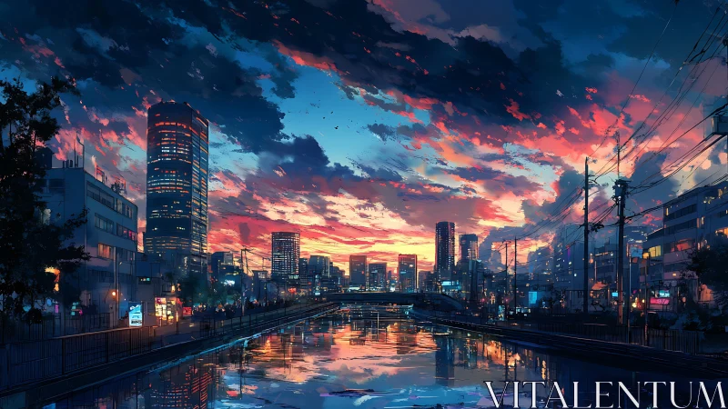 Digital painting sunset skyline with canal reflections composition.