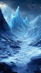 Frozen mountain pass channels toward jagged sapphire peaks