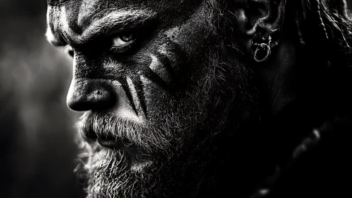 High contrast warrior portrait with tribal paint and harsh side lighting
