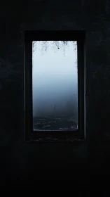 Single narrow window framing fog-shrouded exterior landscape