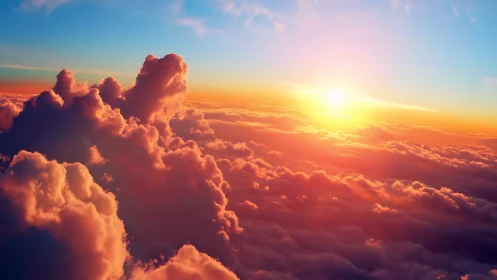 Radiant sunrise above sculpted clouds in vivid color field.