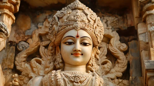 Intricately carved sandstone Hindu deity relief with ornate crown