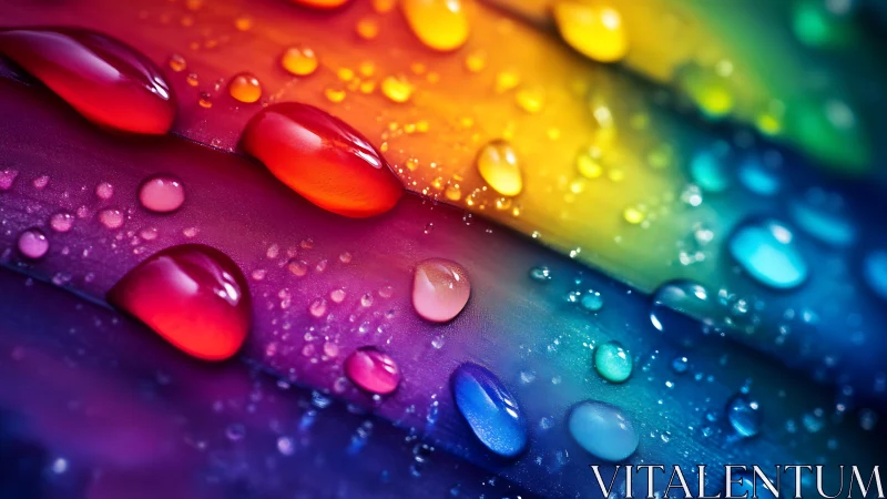 Colorful water droplets on vibrant rainbow surface.