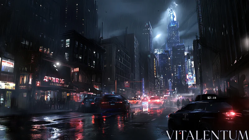 Noir cyberpunk avenue under rain-soaked neon and high-rises.