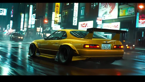 Golden street racer gliding through neon city rain.
