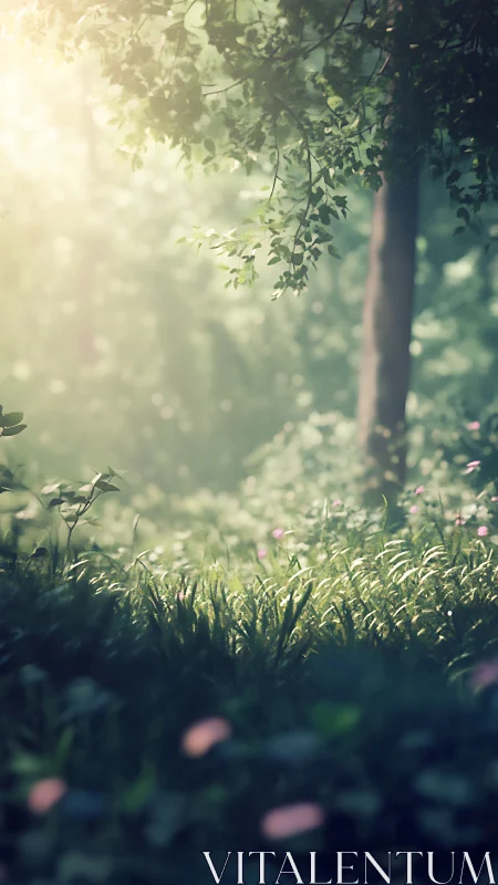 Sunlit Forest Glade with Morning Mist.