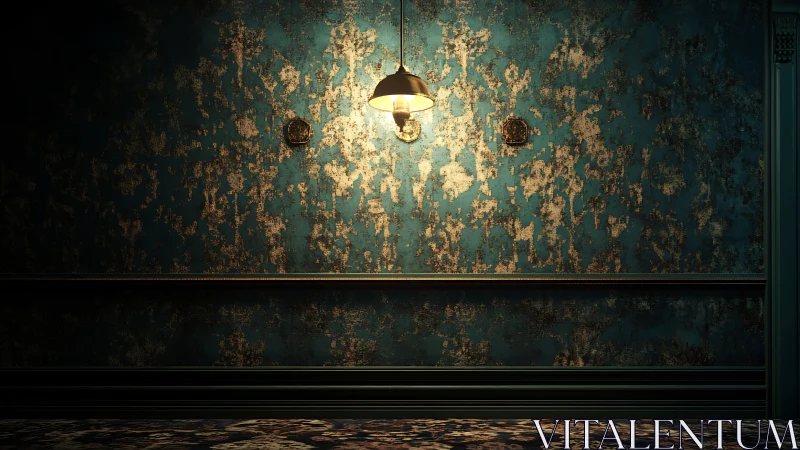 Oxidized teal wall under pendant lamp, cinematic decay study.