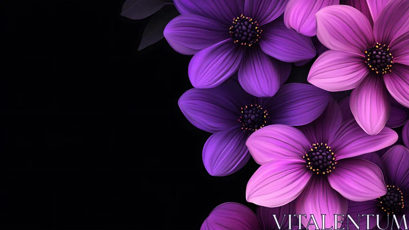 Purple and Pink Flowers Against Black Background.