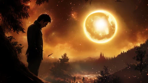 Solitary figure before luminous celestial body at dusk.