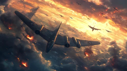 Sunset bomber wings carve burning corridors through clouds