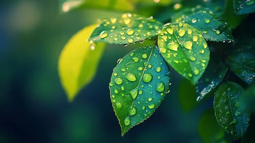 Rain-kissed green leaves with luminous water droplets