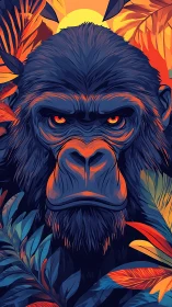 Fiery jungle gorilla portrait under neon sunset glow.
