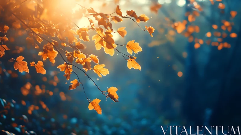 Golden autumn leaves glow softly in misty forest light