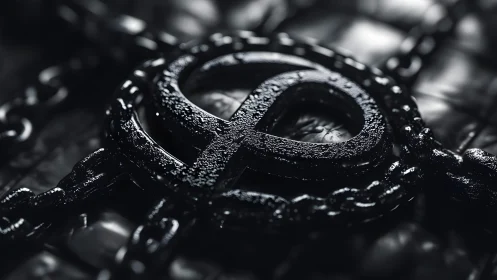 Close-up of Black Metallic Logo with Chains in Dark Luxury Style.