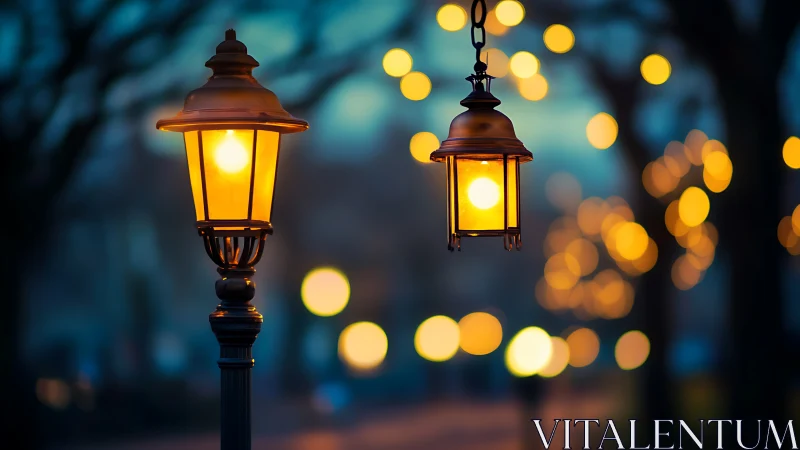 Warm street lamps glowing against soft evening bokeh.