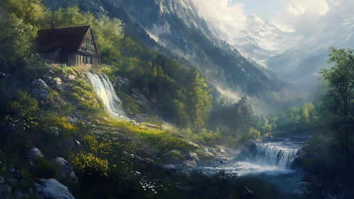 Mountain cabin overlooks twin waterfalls under soft dawn light