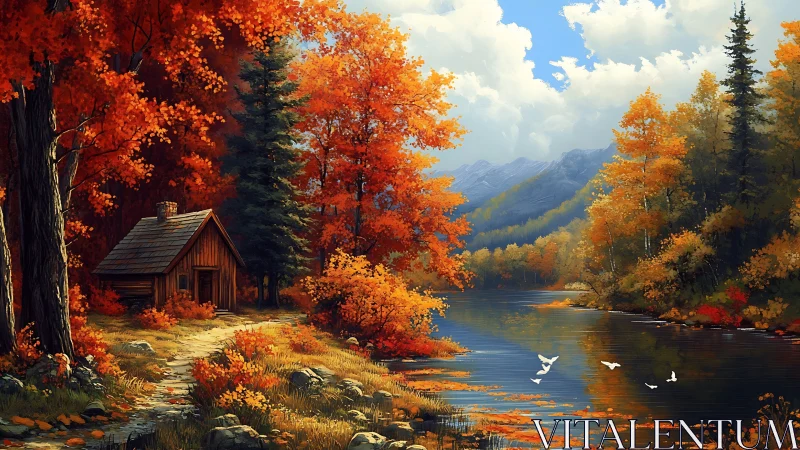 Wood cabin beside autumn river under clear daylight conditions.