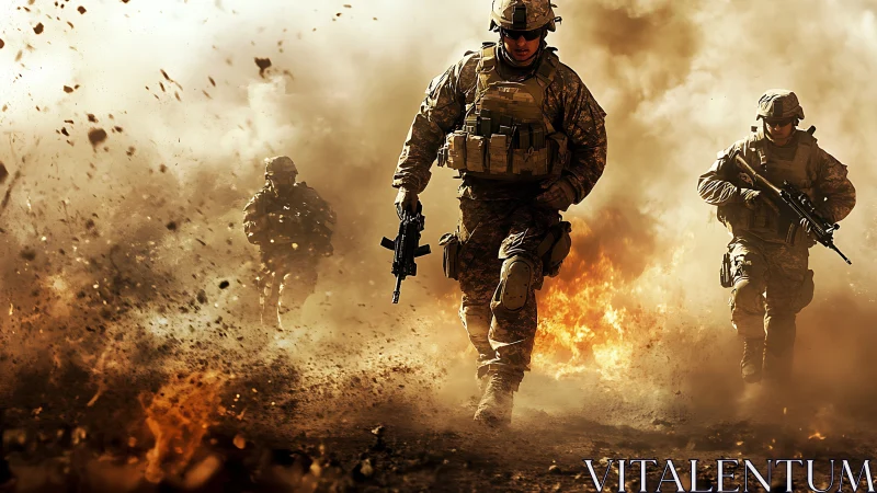 Combat soldiers advancing through fiery battlefield chaos.