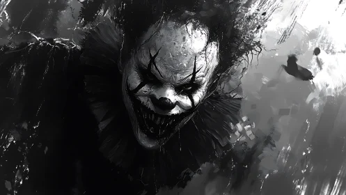 Grinning nightmare clown slips from shadow into your stare