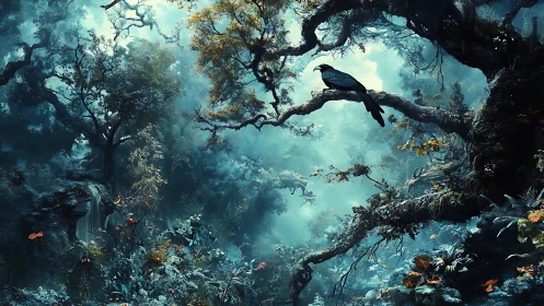 Dimensional fantasy forest ecosystem with volumetric atmospheric rendering and avian subject placeme