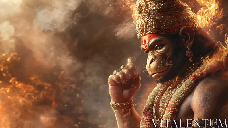 Detailed digital rendering depicts divine simian warrior amid flames