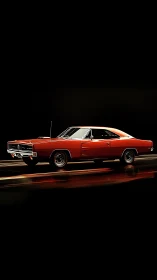 Low-key rendered muscle car with reflective motion trails.