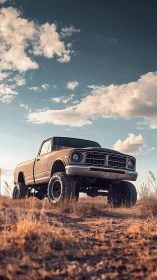 Lifted vintage pickup truck on desert trail under warm sunset