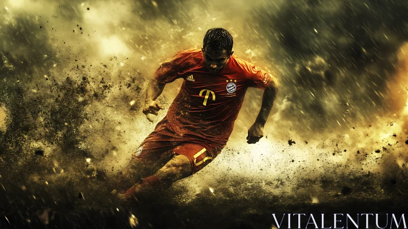 Dynamic soccer sprint framed by particle dispersion and motion blur