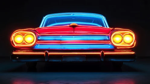 Neon rear view classic car glowing in bold primary light.