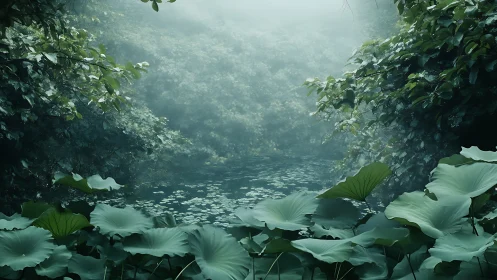 Misty jungle pond lies hidden beneath lush emerald foliage