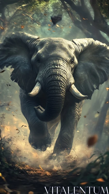 Charging elephant in dense forest with flying debris.