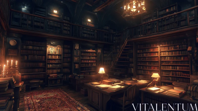 Candlelit antique library glows around long reading tables
