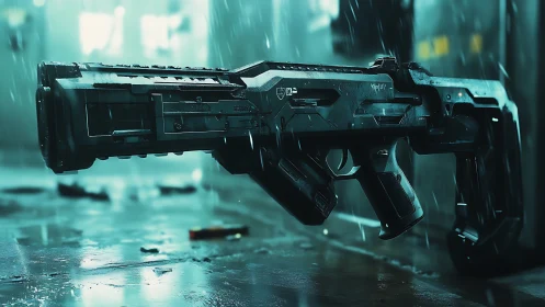 Cyberpunk tactical shotgun render in neon-wet urban bayonet form.
