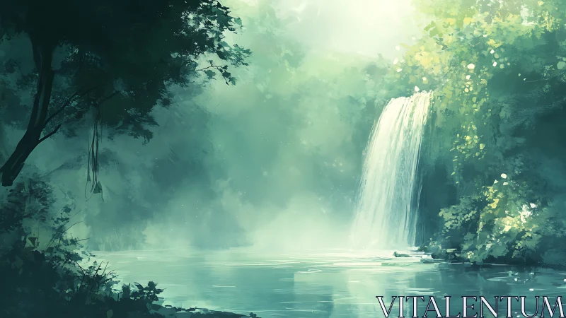 Serene Waterfall Sanctuary in Glowing Forest Light