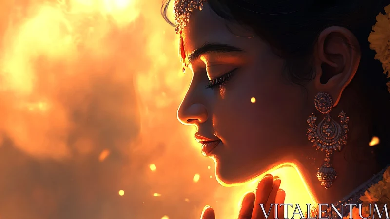 Side-lit Indian woman in prayer with warm volumetric firelight