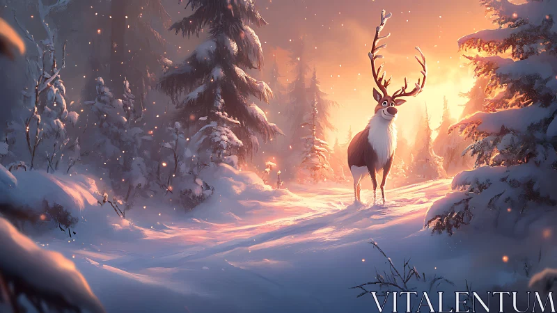 Cartoon reindeer stands in glowing winter forest sunset.