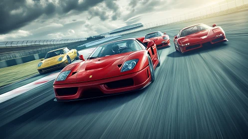 Iconic red supercars battle for speed on a sunlit racetrack.