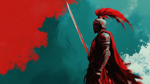 Crimson knight silhouette against teal battle sky.