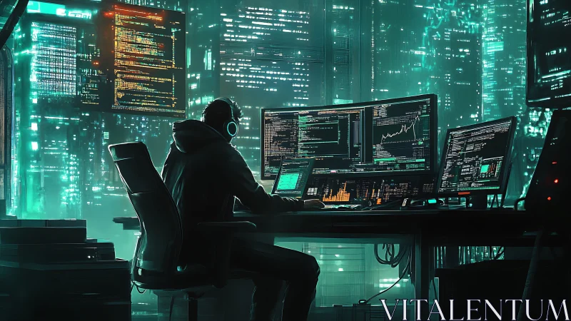 Hooded computer operator at multi-monitor workstation at night.
